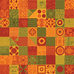 Wall Mural - Geometric patchwork pattern with circles and squares in warm autumn colors, seamless pattern, royalty free stock.