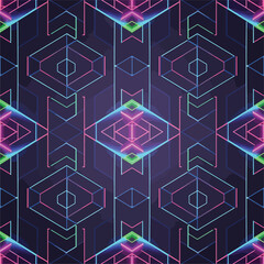 Wall Mural - Geometric pattern with neon lines and shapes in a symmetrical arrangement, seamless pattern, Stock royalty image.