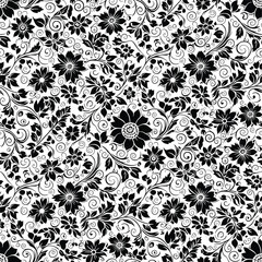 Wall Mural - Intricate black and white floral pattern with swirling vines and stylized flowers, patern seamless, royalty stock.