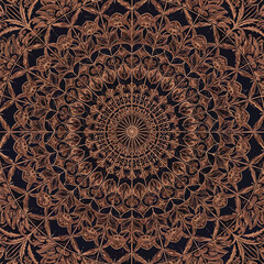 Wall Mural - Intricate floral mandala with radial symmetry and earthy brown tones on dark backdrop, seamless pattern, royalty free stock.