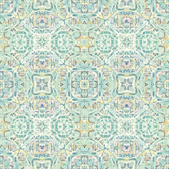 Wall Mural - Ornate tile pattern with intricate geometric and floral motifs in pastel hues, seamless pattern, Stock royalty free image.