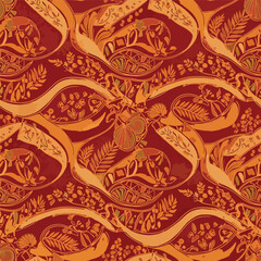 Wall Mural - Ornate vintage floral pattern in shades of red, orange, and light yellow, seamless pattern, Stock royalty.