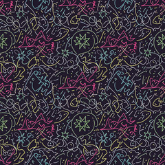 Wall Mural - Playful abstract pattern with geometric shapes and vibrant neon color palette, seamless pattern, Stock royalty image.