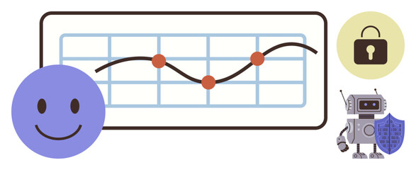 happy face, graph with data points, padlock, and robot with shield. Ideal for analytics, security, AI, cyber safety privacy user experience and satisfaction. Simple flat metaphor