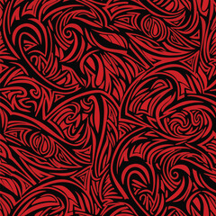 Wall Mural - Red tribal seamless pattern with swirling shapes and black background, seamless pattern, Stock royalty free image.