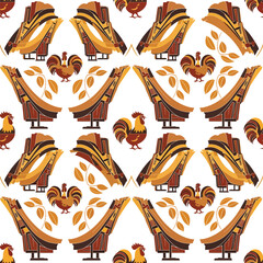 Wall Mural - Rooster and house vector pattern with ethnic geometric design elements, patern seamless, Stock royalty.