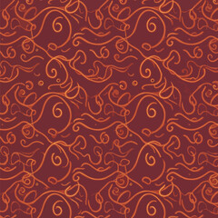 Wall Mural - Seamless abstract pattern with swirls and dots on a dark reddish background, seamless pattern, royalty free stock.