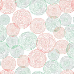 Wall Mural - Seamless pattern of abstract spiral circles in green and coral shades on white, seamless pattern, Stock royalty image.