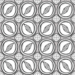 Wall Mural - Seamless pattern of cocoa pods in circles with floral geometric shapes, patern seamless, Stock royalty image.