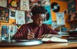 © Georgii - Young boy focused on writing in his notebook in a vibrant and creative environment full of colorful records.