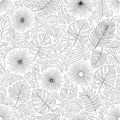 Wall Mural - Tropical pattern illustration with monstera leaves, palm fronds, and sunbursts, seamless pattern, royalty stock.