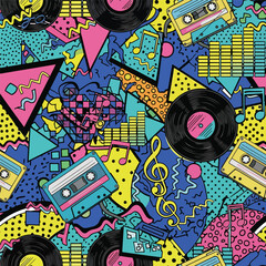Wall Mural - Vibrant 1980s Retro Pattern with Cassettes, Records, and Geometric Shapes, patern seamless, royalty stock.