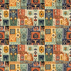 Wall Mural - Vibrant abstract geometric pattern with floral and tribal motifs in warm tones, patern seamless, Stock royalty free.