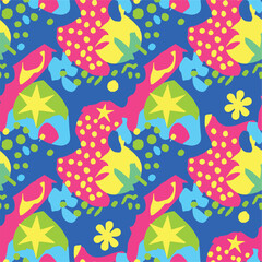 Wall Mural - Vibrant abstract pattern featuring stars, flowers, and colorful shapes on blue background, seamless pattern, royalty stock.