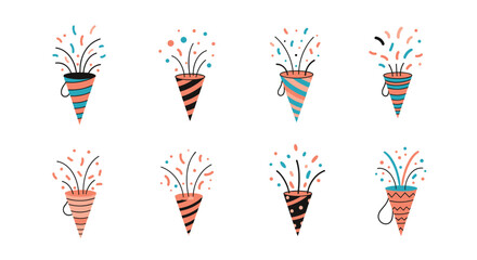 Set of eight party poppers exploding with colorful confetti and streamers for celebrations and festive occasions