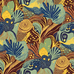 Wall Mural - Vibrant abstract pattern with botanical shapes and textured surfaces design, patern seamless, Stock royalty image.