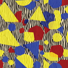Wall Mural - Vibrant geometric shapes on a zebra stripe background creating a dynamic pattern, seamless pattern, royalty stock.