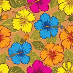 Wall Mural - Vivid floral pattern showcasing hibiscus flowers in bright colors on a background, patern seamless, Stock royalty.