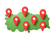 Red map markers pinpoint locations on a green turkey map isolated on transparent background
