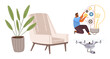 © robu_s - Man kneeling, fine-tuning gears in light bulb. Nearby quadcopter, potted plant, and armchair reflect innovation, creativity, modern workspace. Ideal for innovation, technology creativity workspace