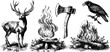 © Artem - Nordic hunt scene with deer, campfire, axe, and raven in vintage engraving style for retro design