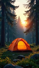 Wall Mural - A cozy camping tent pitched in a lush forest clearing, bathed in the soft light of sunrise The scene evokes tranquility and the beauty of nature , scenery, branches