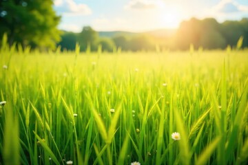 Wall Mural - A gentle summer breeze rustles through tall grass in a sun-drenched field, creating waves of movement and a feeling of warmth and peace , rural, air, summer day