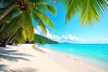 Wall Mural - A vibrant summer beach scene with sun-drenched sand, turquoise water, and palm trees swaying gently in the warm breeze Perfect for travel, vacation, and holiday themes , bright, holiday, vacation