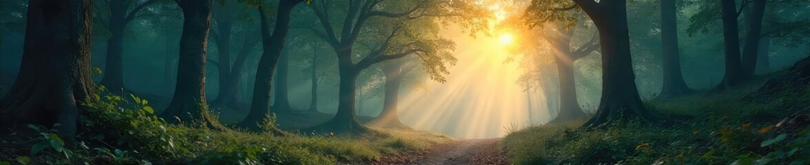 Wall Mural - Enigmatic forest bathed in ethereal sunlight, ancient trees reaching towards a mystical sky, secrets whispered on the wind A scene of primeval beauty and hidden magic , serene, trees