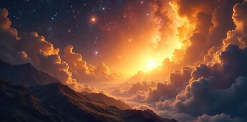 Wall Mural - Golden rays illuminate a celestial landscape, swirling nebulae and distant galaxies forming a breathtaking backdrop Perfect for religious, spiritual, or fantasy projects , abstract, mystical