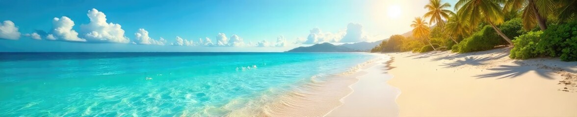Wall Mural - Golden sand, azure water sparkling under a vibrant sun Perfect for summer vacations, relaxation, and seaside dreams Escape to paradise with this idyllic beach scene , bright, sand dune, summer