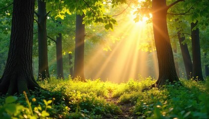 Wall Mural - Golden sunlight streams through leaves, creating a dappled, bright pattern on the forest floor Perfect for nature, summer, and bright backgrounds A cheerful, optimistic image , background, pattern