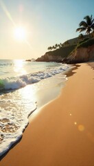 Wall Mural - Golden sunlight bathes a pristine, expansive sand shore, gentle waves lapping at the edge, creating a tranquil and idyllic seascape Perfect for travel, vacation, or nature themes , landscape, golden