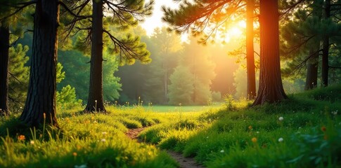 Wall Mural - Lush green pine trees bask in the golden sunlight of a summer day  The air is warm, and the scent of pine fills the atmosphere  Perfect for summer holiday or nature themes ,  flora,  tall