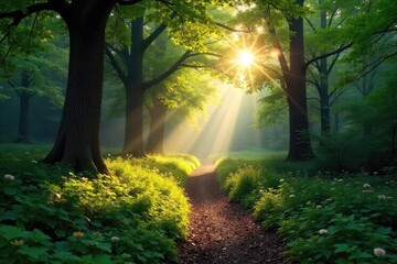 Wall Mural - Sun-dappled forest path winds through lush, untamed wilderness, ancient trees casting long shadows  Discover the serene beauty of untouched nature ,  serene,  ecosystem