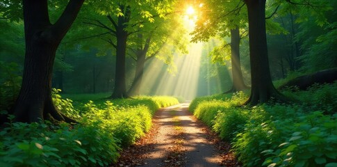 Wall Mural - Sun-dappled path winding through a lush green forest, leaves dappling the ground, creating a magical atmosphere Perfect for nature, travel, and adventure themes , magical, nature