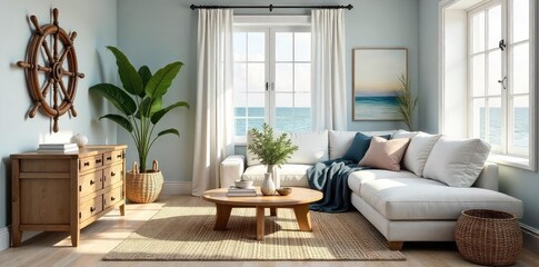 Wall Mural - sun-drenched living room with nautical decor, featuring a ship's wheel, rope accents, and a calming 