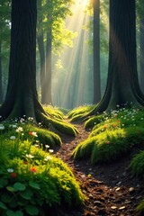Wall Mural - Sunlight dapples the forest floor, illuminating a lush carpet of moss and wildflowers amongst ancient trees A tranquil woodland scene perfect for nature-themed projects , shadows, green