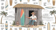 © Nuriazalzabila - An illustration depicting a serene coastal scene with a man repairing a fishing net near a surf