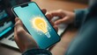 © MANNAN905 - Close-up of hand touching smartphone screen showing a bright lightbulb with radiating lines mobile phone