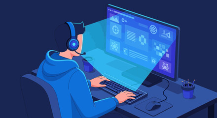 Illustration of a gamer or developer at a computer with various icons displayed on screen