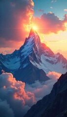 Wall Mural - A majestic, sunlit mountain peak piercing a vibrant, cloud-filled sky; symbolizing divine power and ethereal beauty  Perfect for concepts of divinity, spirituality, and the sublime ,  summit,  hope