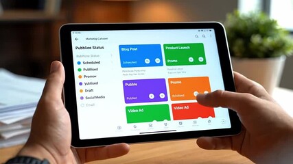 Hands Holding Tablet Displaying Marketing Calendar with Content Schedule, Publish Status and Platform Selection