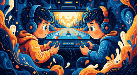 Two young boys with headphones playing a competitive racing video game together in a colorful, illustrative style.