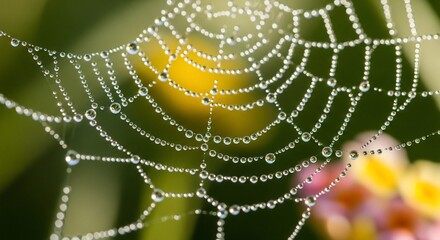 Macro View of an Intricate Spiderweb Adorned with Shimmering Dew Drops
