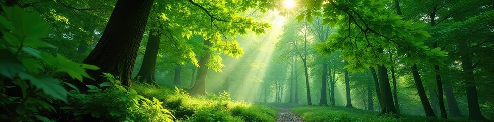 Wall Mural - Lush green forest canopy, dappled sunlight filtering through leaves, creating a magical atmosphere  Perfect for nature, ecology, and environmental themes ,  trees,  branches,  spring