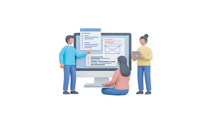 Team of developers collaborating on website interface project using computer and tablet in modern office, showcasing teamwork and innovation.