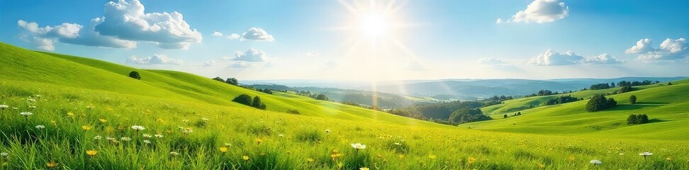Wall Mural - Serene landscape featuring a sun-drenched meadow, rolling hills, and a clear blue sky; perfect for nature, travel, and environmental projects ,  scenery,  summer