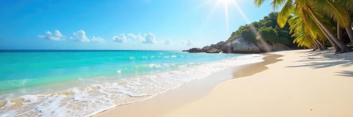 Wall Mural - Sun-drenched beach scene with gentle waves lapping the shore, clear blue sky, and soft sand Perfect for summer vacation themes and travel brochures , tropical, sandcastles, golden