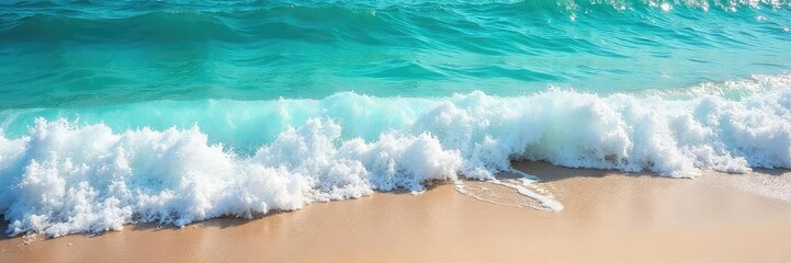 Wall Mural - Sun-drenched turquoise waves crash on a pristine sandy shore, creating a mesmerizing display of summer's vibrant energy Perfect for travel, vacation, and summer themed projects , sun, water, ocean